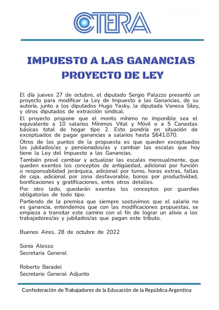IMPUESTO A LAS GANANCIAS PROYECTO DE LEY | Ctera